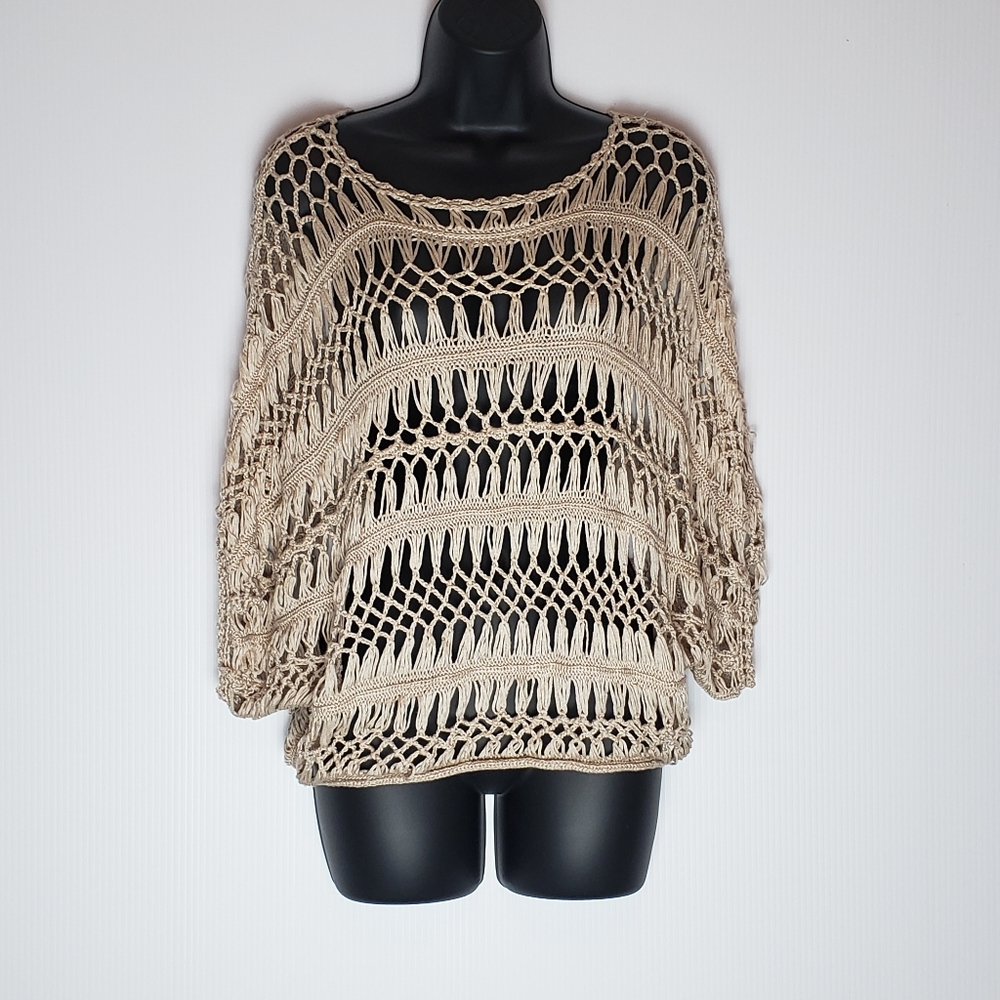 Cream Colored Open Crochet Knit Sweater